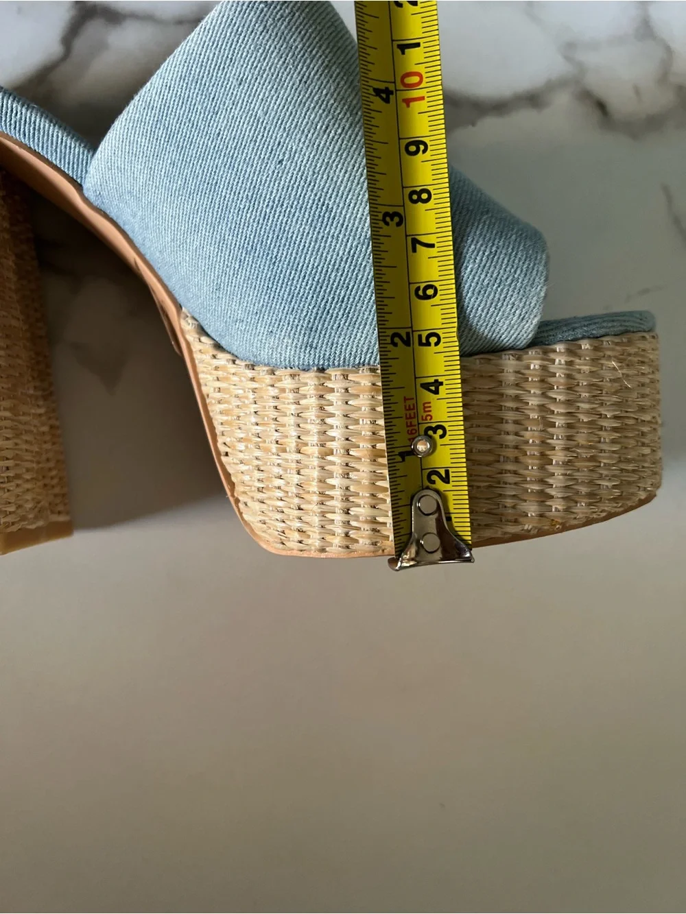 Light Blue Denim Woven Platform Mule Heels - Women's Chunky Slide block Sandals